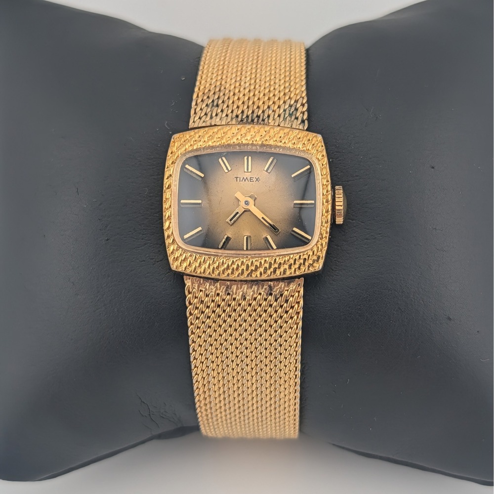 Vintage Timex Mechanical Wind Brown Ombré Dial Gold Tone Mesh Bracelet Watch